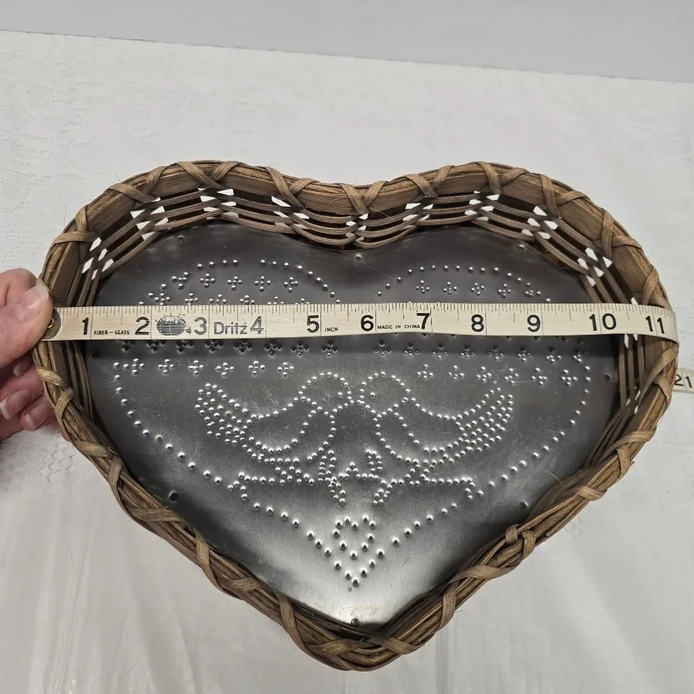 Vintage Wicker and Tin Heart Basket Punched Doves Love Birds Valentine's Day